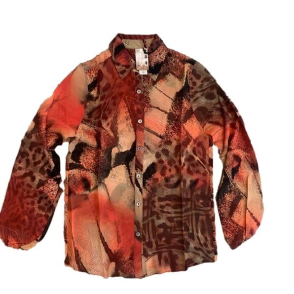 𝅺Da-Nang NWT Silk Red Orange Long Sleeve Animal Print Blouse Sz XS OOAK - Picture 1 of 6